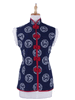 White Fur-Trimmed Dark Blue Flowered Quilted Vest