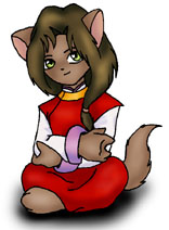 The Hotohori kitty is always around the Nuriko and Tasuki kitties, no da. He's always busy looking in the mirror and whenever Laria comes in, he jumps all over her, nan no da! He's very possesive, no da.