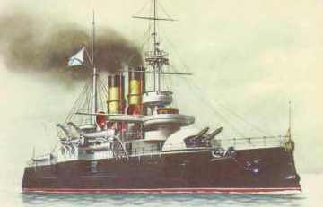 [Panzerkreuzer 'Zwlf Aposteln' mit zwei Masten und zwei Schornsteinen - das Schiff, auf dem der Film 'Panzerkreuzer Potjomkin' gedreht wurde]