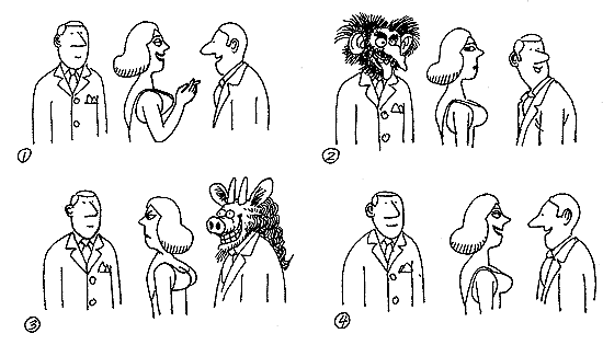 Cartoon with guys making faces behind womans back