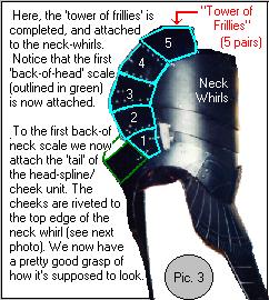 The five pairs of mated 'frillies' have been attached to each other, then to the neck-whirls. Go to Pic. 4