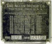 Allen Motor Co. firewall ID plate