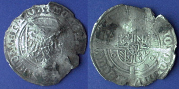 It's a coin of the Bishop of Utrecht. Made by David from Bourgondi� (1455-1496). The name of the coin: is Double Groat, five-cent piece or White penny. 15. Jahrhundert, Bistum Utrecht Dubbele groot 14?? (1468-1474)
M�nzherr: David van Bourgondi� (1455-1496)
M�nzherr: Deventer
Literatur: Van der Chijs XVII-14 usw