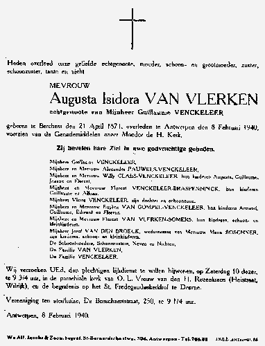doodsbrief Augusta Isidora Van Vlerken