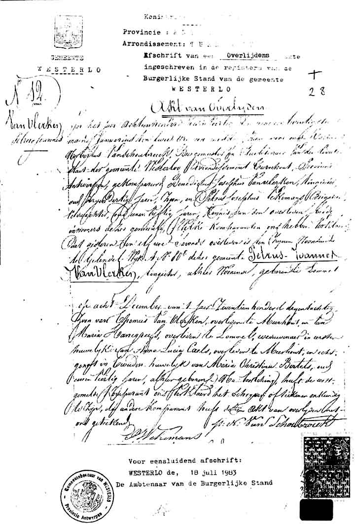 overlijden Petrus Joannes Van Vlerken