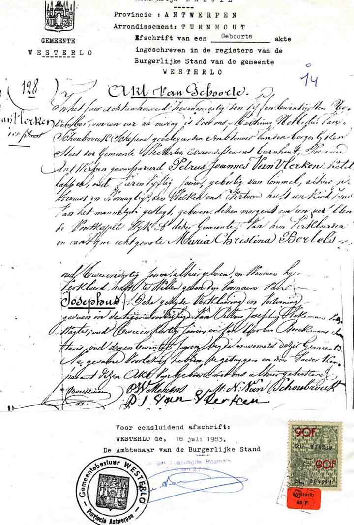 geboorte Josephus Van Vlerken