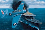 The Japanese light carrier Shoho is under attack by TBD Devastator dive-bombers from the American aircraft carrier USS Lexington on 7 May 1942. The Shoho was sunk. The painting depicts the TBD flown by Lt R.F. Farrington, T.R. Wiebe,and Walter N. Nelson from Lexington.