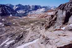 Sheila spooks a marmot atop Pinchot Pass (12,130 feet a.s.l.)