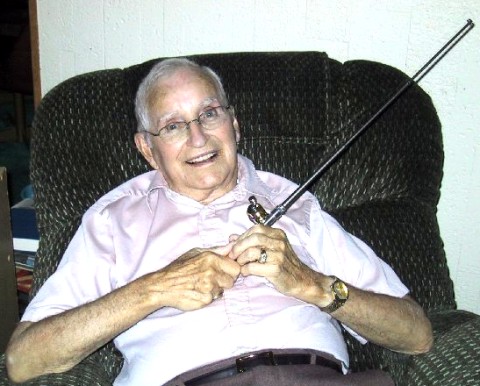 William E. Swegan (Sgt. Bill) with a new fishing rod, at home in Sonoma, California