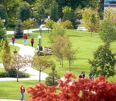 The grassy mall at the center of the Indiana University South Bend campus