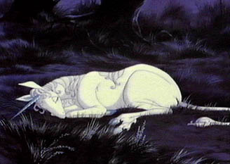 And then it so happened one night while she slept, a carnival caravan led by a witch named Mummy Fortuna spotted her off to the side of the road, and she instantly knew what the creature was.  Mummy Fortuna headed the Midnight Carnival, a collection of magical and legendary creatures behind cages.  She wanted the unicorn to complete the carnival, and she cast a spell on the her and gave the creature a false horn for man to see.