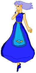 In princess dress with eyes closed.