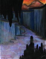 Obra realizada por la pintora mexicana Gin. (g.e.n.t.e Tu Web Octubre 2002). "Camino al ocaso" 32 cm x 24 cm. Técnica Pastel.