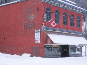 Greenwood, an ad painted on the sie of the building for the film 'Snow falling on Cedars'