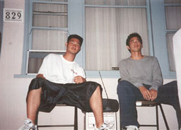 nite-time bbq at mike's house in albany... mike and sam are imitating a "friday" scene