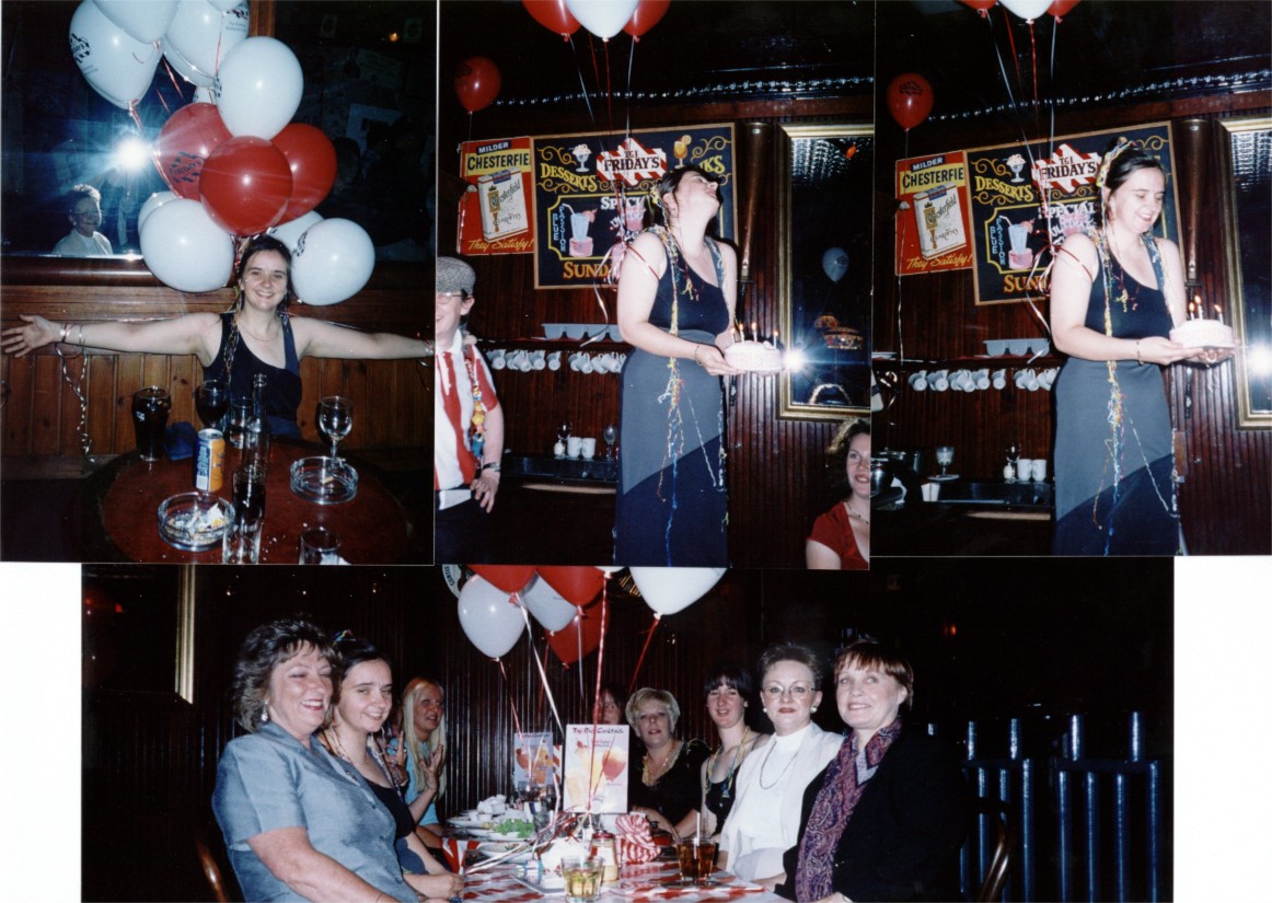 The Bride gets her balloons and the birthday carke; the motley crew!