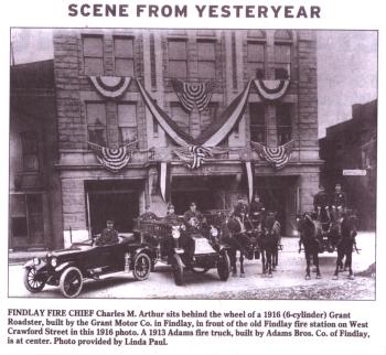 1916 Grant Six Roadster & 1913 Adams Fire Truck, 
both built in Findlay, Ohio. 
Click to view larger image.