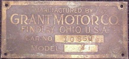 GRANT Motor Co. serial plate #10850 Model M