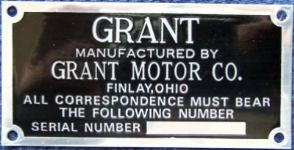 reproduction GRANT Motor Co. serial plate 
NOTE misspelling of Findlay