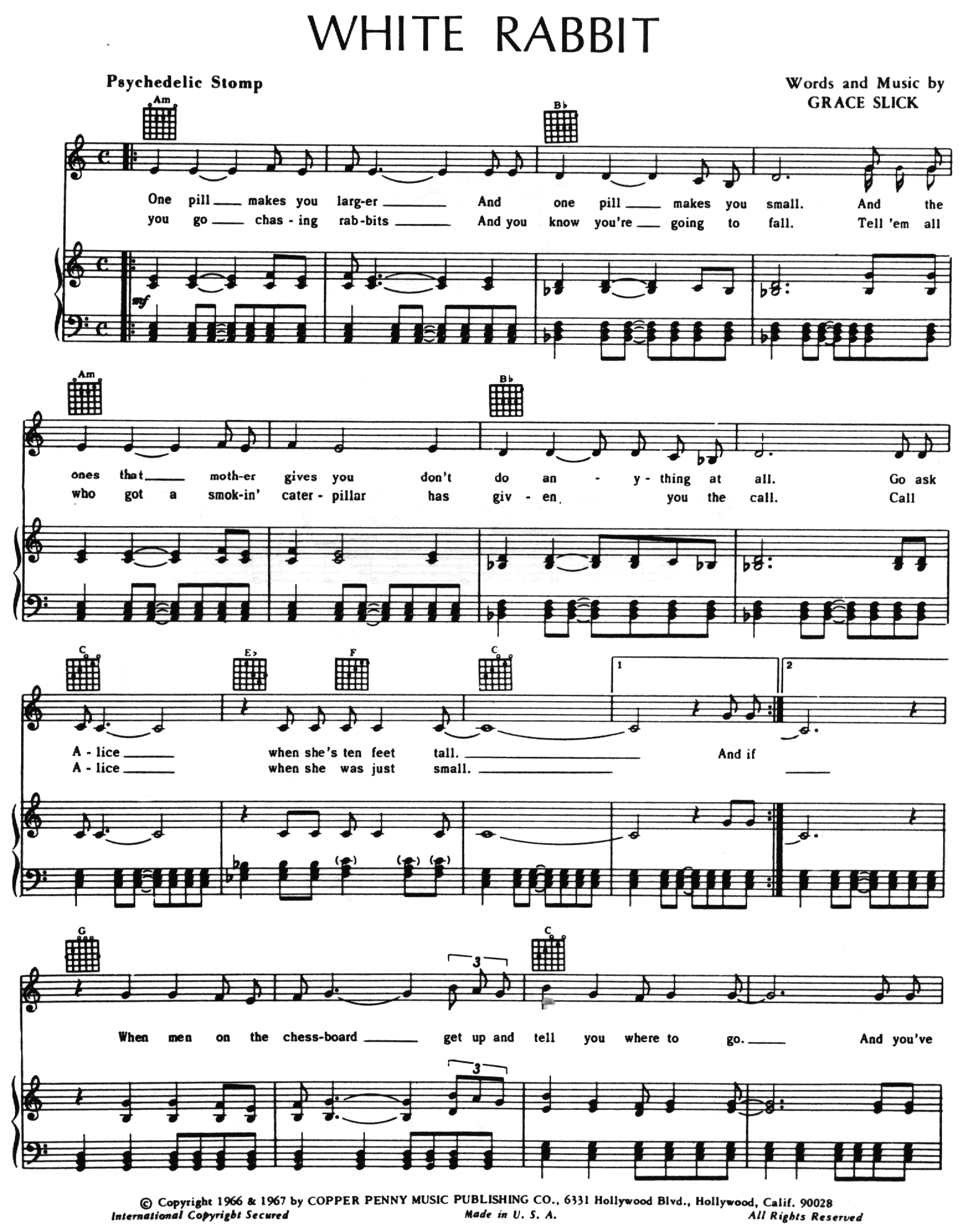 White Rabbit Rovk Song Sheet Music