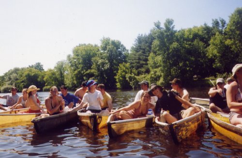 Denise and Kim pose as the Buddy Barge floats drunkenly down the river.