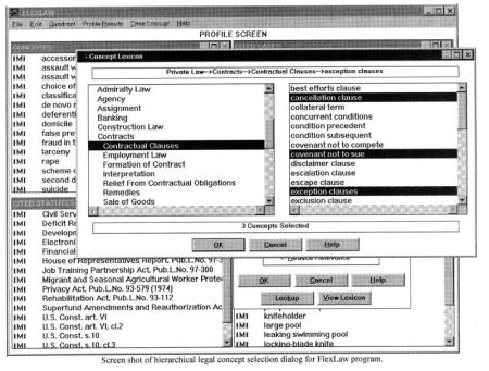 Screen shot of flexlaw legal concepts selector.