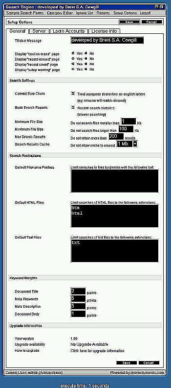 Screen shot of Search Engine setup.