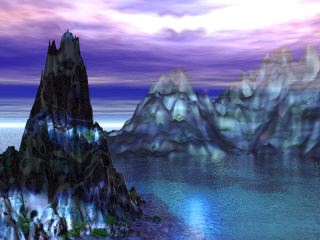 Another fantasy digital seascape by Maryann Sterling.  Very surreal. Ocean pale and clear and glassy.
Clouds layered over the horizon are in tones of cobalt and lilac.
Jagged and pointed islands of rock, in soft blues and purples and green patches of plant life, seem crystalline/opalescent.
The foremost island is shadowed in an unearthly manner.