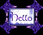 A rectangular glassy button with purple reflection,
bordered in a purple/lilac Celtic weave design,
on which 'Hello' is embossed in purple.