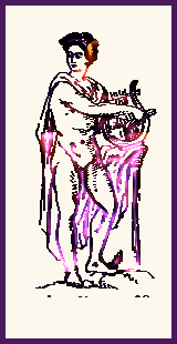 A draped-from-the-back mostly nude Orpheus
standing with a held lyre, body facing right. It's
a black-line image on an off-white background.
Black line has been altered to color line in a sweep
from the bottom of held lyre and figure's waist
to the figure's ankles; the color is a gradation
from top to bottom of rose pink to orchid lavender.
On the neck and right side of figure's left-turned head,
lines have been colored in sunrise oranges as though
he is standing before the dawn. Figure created from
an Apollo dingbat from a mythology font.