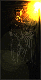 A draped-from-the-back mostly nude Orpheus
standing with a held lyre, body facing right. It's
a ghostly, gray-line image on a black background.
Lined image has been altered around and above figure's
upper torso so that figure appears three-dimensional,
even photographic in the left-turned face. This is
achieved by use of blazing highlight and illuminating
reflection from a fiery patch of sunlight in the upper
right corner. The impression is that of the sun reaching
into the darkness of a cavern via a rock fissure. Figure
created from an Apollo dingbat from a mythology font.