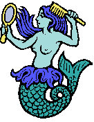 An archaic colorized mermaid.
She combs her hair with a golden comb
and looks into a golden mirror.
Her body is a pale aqua,
long hair and large waist fins
are a pale blueberry blue,
and her tail is a deep teal.