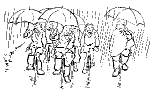 Cyclists with umbrellas