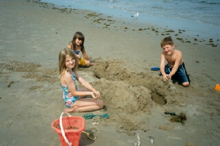 Big kids building on the beach