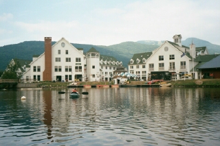 View of Town Square from Corcoran's Pond, in Waterville Valley