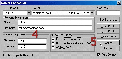 Pirch Server Connection window
