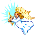 white angel with gold wings in flight position