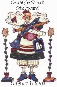 Granny's Great Site Award, showing a comical granny with pantaloons showing, holding drawing tools, a ruler, a pencil a crayon