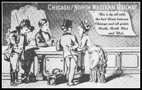 postcard showing inside of railroad depot and customers at the counter