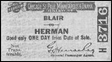 front view of a  train ticket from Blair, Nebraska to Herman, Nebraska
