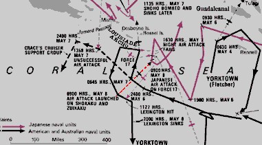 Battle of the Coral Sea, May 8, 1942 - Tactical Map.  In red, possible route of Davis E. Chaffee