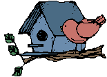 little pink bird by a blue birdhouse