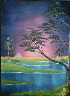 Sunset stream on black canvas