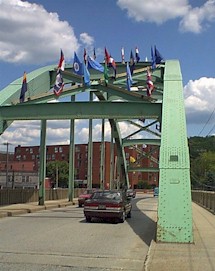 Flags of all fifty states placed on the bridge in June as part of bicentennial celebration