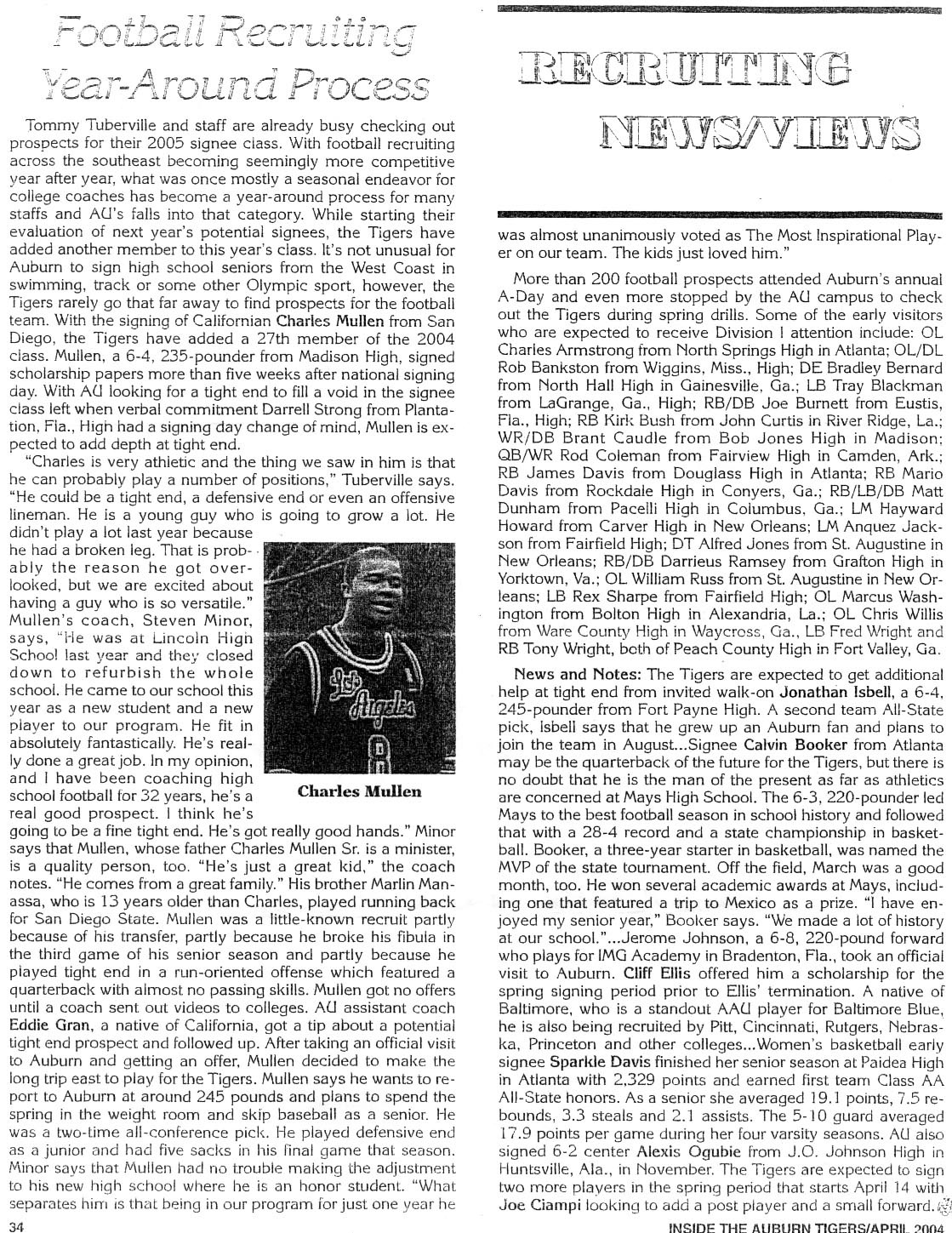 Auburn Tigers Newsletter,'Inside The Auburn Tigers', April, 2004