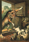 Bear entering barn with goat kids
