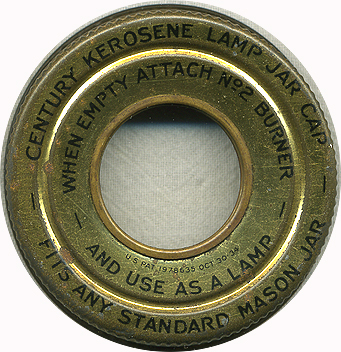 Lid says:  Century Kerosene Lamp Jar Cap - Fits Any Standard Mason Jar - When Empty Attach No. 2 Burner - And Use As A Lamp - U. S. Pat. 1978635 Oct. 30-34