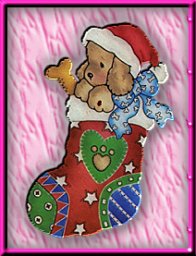 santa bear in stocking on a padded background, from olga