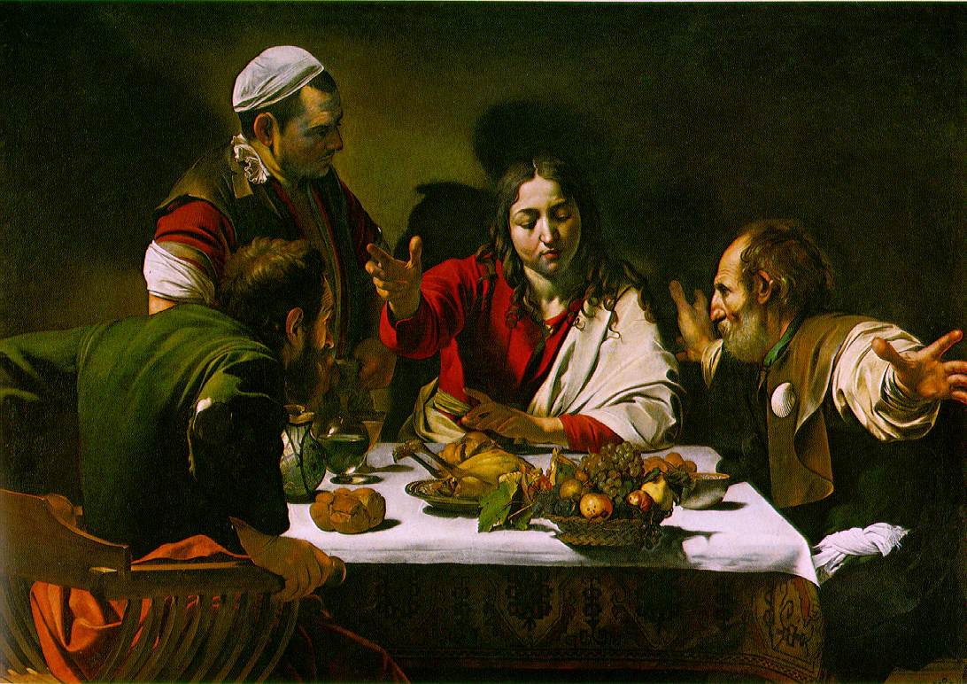 Caravaggio depicts the instant before Jesus vanished from the table at Emmaus. The others are reacting in shocked recognition.
