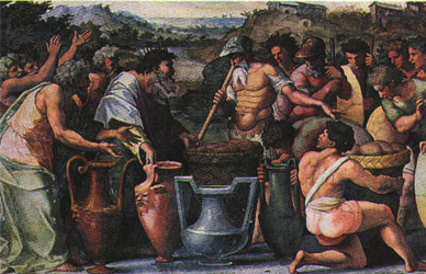 The King of Salem and the patriarch Abraham meet behind baskets and amphoras.